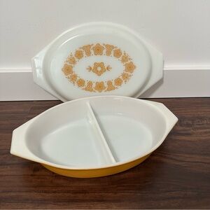 Pyrex Butterfly Gold Split Casserole Dish with Lid